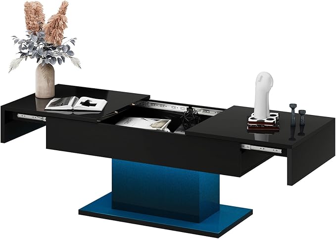 Black Modern Coffee Table with Hidden Storage for Living Room, Living Room Table Rectangular Center Tables Sliding Top with LED Lights, Wooden Cocktail Table for Reception Room