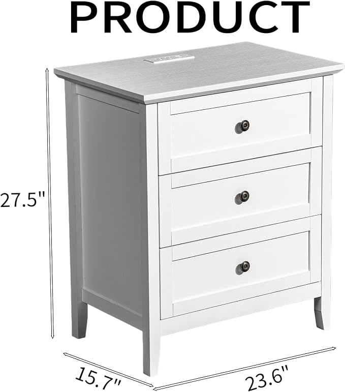 Karl home Farmhouse Nightstand with Charging Station, Wide End Table with 3 Large Drawers & Mental Handles, Wood Small Side Table of Drawers for Bedroom, Closet, White - Image 3