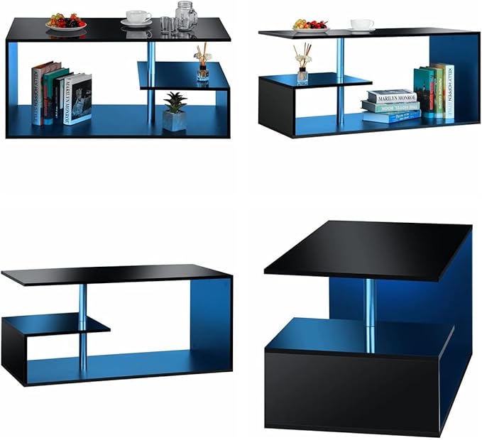 HOMMPA LED Coffee Tables for Living Room Modern Black Coffee Table with S-Shaped 3 Tiers Open Storage Shelf High Gloss Center Sofa Tea Table with LED Lights for Home Office Furniture Black 18" Tall