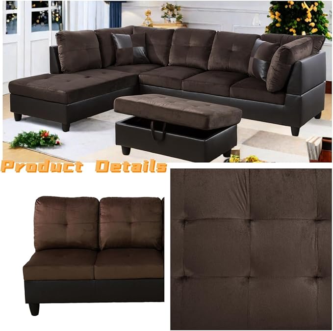 FONTOI L Shaped Sectional Couch with Otttoman, 103" Sectional Sofa for Living Room Flannel Modular Couches with Cup Holders for Bedroom, Apartments, Brown
