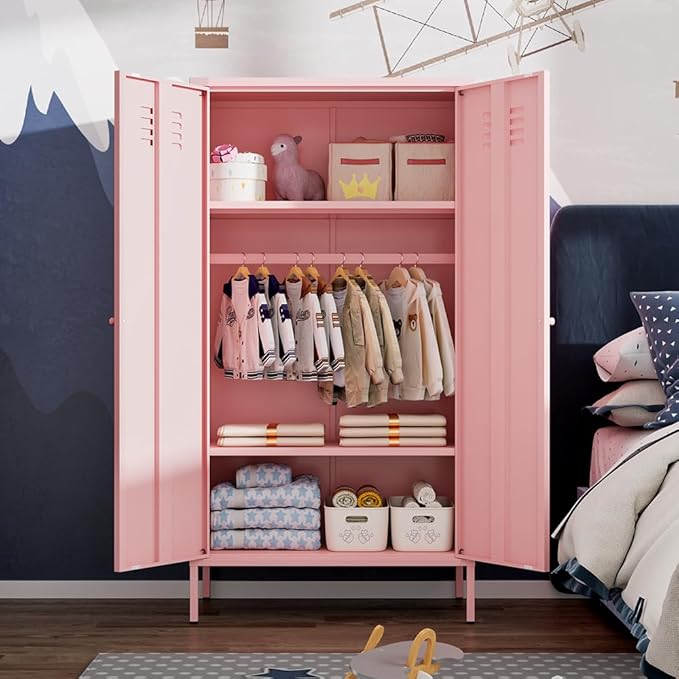 2 Door Metal Cabinet,Classified Storage Tall Storage Cabinet with Hanging Rod&2 Freely Adjustable Shelves, Metal Tall Storage Cabinet for Garage, Storage Room,Home (Steel Cabinet,Pink)