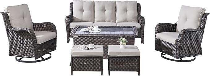 Rilyson Wicker Patio Furniture Set - 6 Piece Rattan Outdoor Sectional Conversation Sets with 2 Swivel Rocking Chairs,2 Ottomans,1 Sofa and 1 Coffee Table for Porch Deck Garden(Brown/Beige)