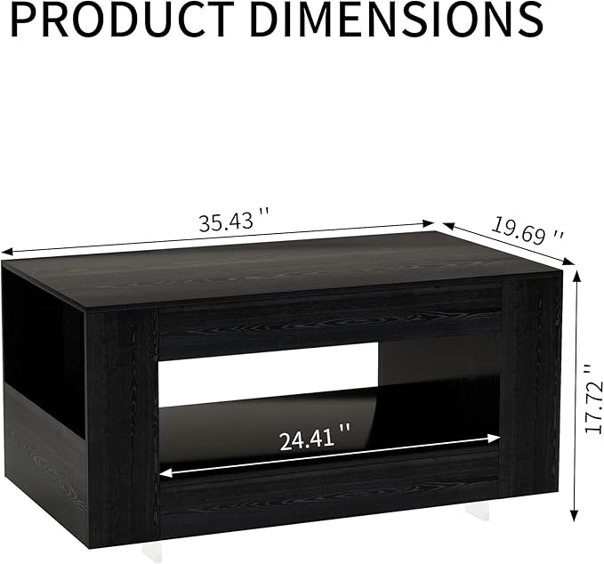 35" Wood Coffee Table for Living Room, Sides Storage with Transparent Legs, Minimalist Modern 2-Tier Storage Shelf Center Table for Home Office, Apartment, Black