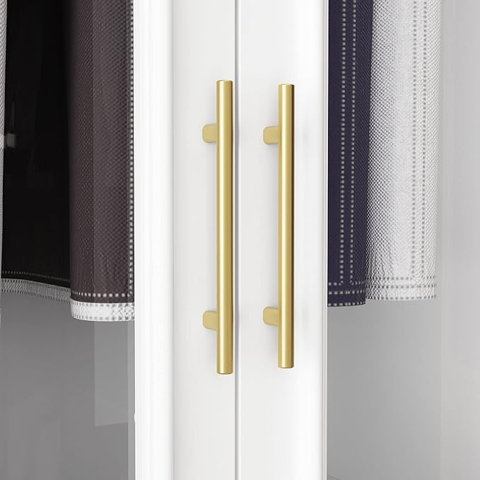 FAMAPY 2 Glass Door Wardrobe with 3 Drawers, Armoire Wardrobe with Hanging Rod, Gold Metal Handles, Closet for Bedroom White (31.7'W x 19.3'D x 74.9'H)