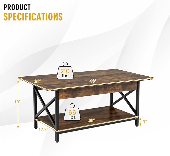 COSTWAY Industrial Coffee Table, 2-Tier Wood Cocktail Tea Table with Storage Shelf and X-Shape Steel Frame, Rectangle Sofa Side Accent Table for Living Room Home Office, Rustic Brown