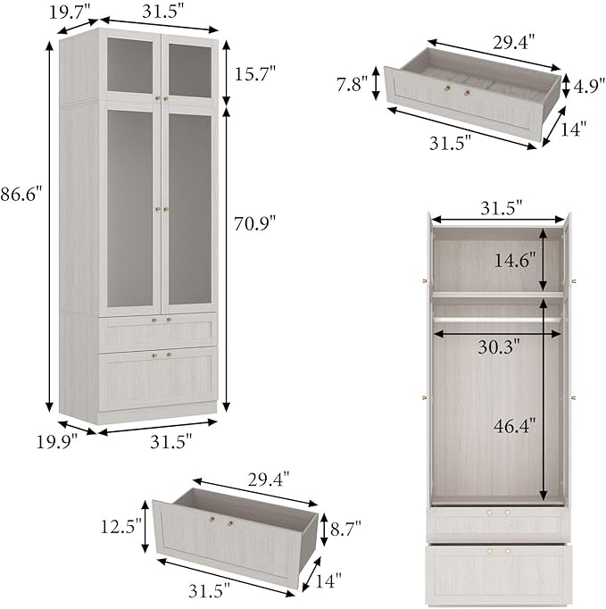 2 Door Wardrobe Armoire Closet with Hanging Rod & 2 Drawers, Bedroom Armoire with Frosted Glass Doors, Top Cabinet & Gold Knobs, Wood Grain, 19.9”D x 31.5”W x 86.6”H