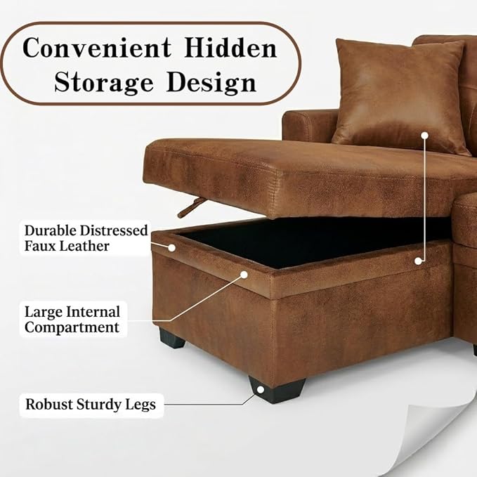 Sectional Sleeper Sofa with Pull Out Bed, L Shape Convertible Sofa Bed Couch with Storage Chaise, 3 in 1 Pull Out Sofa Bed with 3 Seats, for Living Room,Apartment, PU Brown, 76 Inch