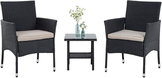 PayLessHere 3 Piece Furniture Patio Chairs Wicker Outdoor Rattan Conversation Bistro Set for Backyard Porch Poolside Lawn (Black)