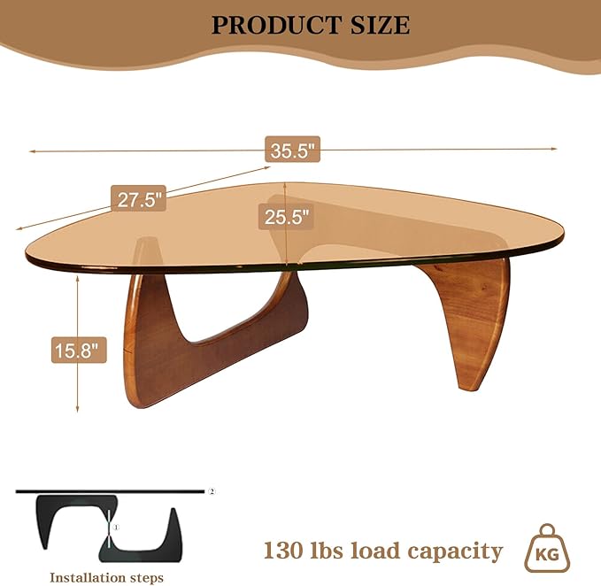 Glass Coffee Table for Living Room, Modern Mid Century Coffee Table, Rustic Brown Glass Coffee Table for Bedroom Living Room Reception Office Tables Unique Center Tables