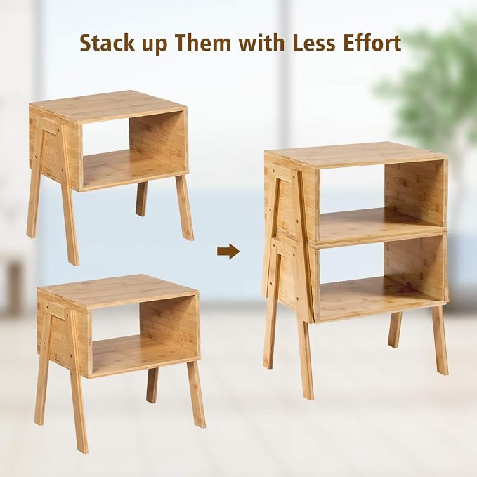 Giantex Bamboo Nightstand Set of 2, Stackable Side Table with 2-Tier Open Storage for Small Spaces, End Table with Solid Bamboo Legs, Easy to Assemble - Image 7