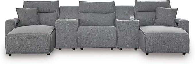 Signature Design by Ashley Modern ModMax II Stain Resistant U-Shape Symmetrical 5-Piece Power Reclining Sectional with Chaise, Storage Console and Adjustable Headrest, Gray