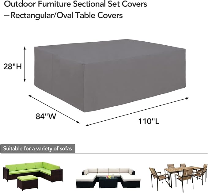 Easy-Going 600D Heavy Duty Patio Furniture Cover, Outdoor Rectangular Table and Chair Set, Waterproof Sectional Set (110"L x 84"W x 28"H, Grey) - Image 2