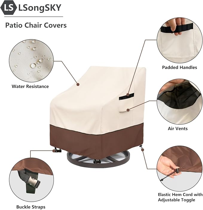 Outdoor Swivel Chair Cover 2 Pack,100% Waterproof Heavy Duty Patio Chair Covers,(33 W x 35 D x 38.5 H inches) Swivel Patio Chair for Outdoor Furniture Covers Waterproof,Beige&Brown - Image 4