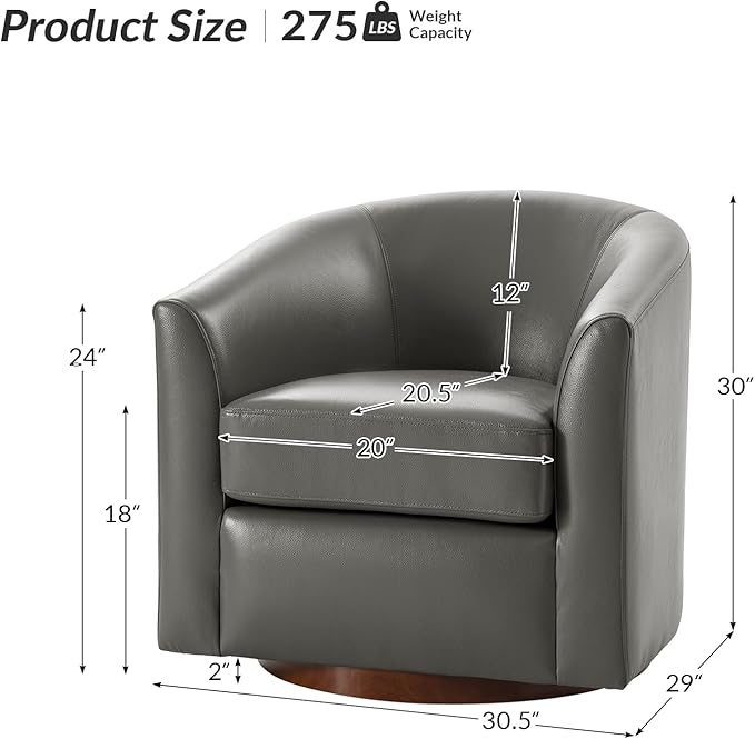 HULALA HOME Genuine Leather Swivel Accent Chair with Solid Wood Base, Round Swivel Barrel Chair for Living Room and Bedroom, No Assembly Required, Grey