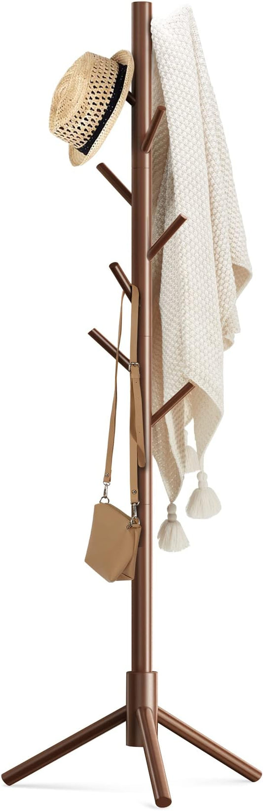 Haddockway Wooden Coat Rack Stand with 8 Hooks New Zealand Pine 3 Adjustable Coat Standing Tree Easy Assembly for Coats, Hats, Scarves and Handbags for Entryway, Hallway, Bedroom, Office by Haddockway