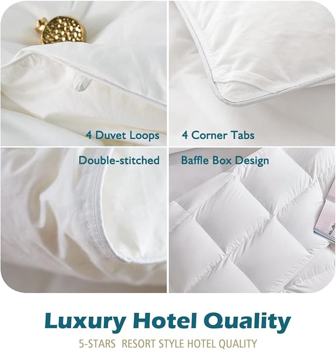 Cobnom® Luxury Organic Down Feather Comforter California King, High Fill-Power Down Feather Fibers Filled Duvet Insert, 100% Cotton Cover, Medium Warm for All-Season, Ivory White, 104x96 Inch