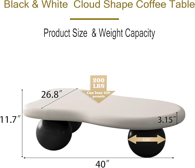 40” Cloud Coffee Table with 3 Ball Legs, Modern Irregular Center Table for Living Room, Low Cute Small MDF Tea Table for Bedroom, Space Apartment-White Black