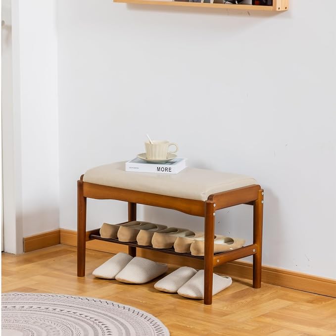 latifolia Small Shoe Bench, Solid Wood Bench with Cushion, 2 Tier Shoe Storage Organizer for Entryway(Walnut,23.62''L) - Image 2