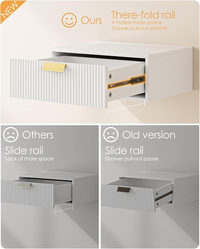 Aienvey Floating Nightstand, Floating Shelf with Drawer, Wall Mounted Nightstand, Floating Bedside Table (White Stripe) - Image 5