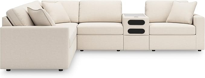 Signature Design by Ashley Modmax Stain Resistant Modern Modular L-Shaped 6-Piece Sectional with Audio Console, Reversible Cushions, Removable Covers, USB Ports and Storage, White