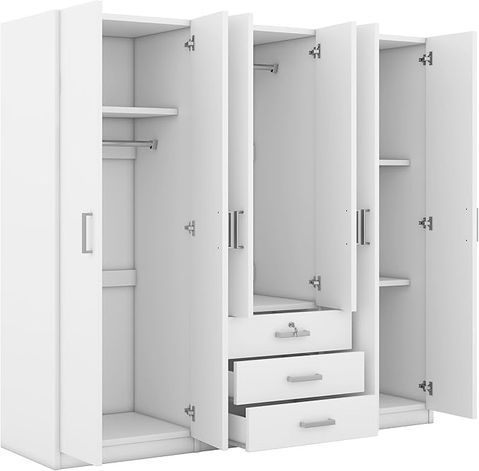 68" H Large 6 Doors Wooden Wardrobe Closet, Freestanding Armoire Wardrobe Closet Cabinet with 3 Drawers, Shelves and Hanging Rod for Hanging Clothes, Coat Closets for Bedroom, White