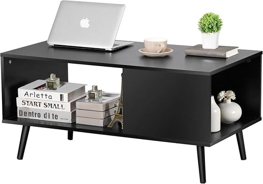 ZenStyle Mid Century Modern Coffee Table, Wooden Retro Coffee Table with Open Storage Shelf for Living Room, Reception, Easy Assembly (Black)