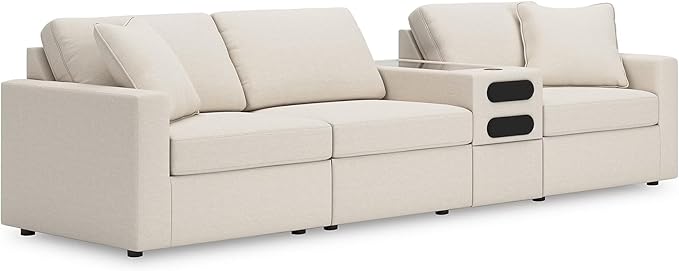Signature Design by Ashley Modmax Coastal Modular Stain Resistant 4-Piece Sectional with Audio Console, Drawer, USB Ports and 2 Accent Pillows, Beige