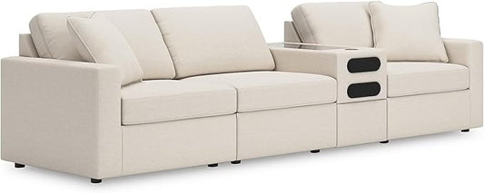 Signature Design by Ashley Modmax Coastal Modular Stain Resistant 4-Piece Sectional with Audio Console, Drawer, USB Ports and 2 Accent Pillows, Beige