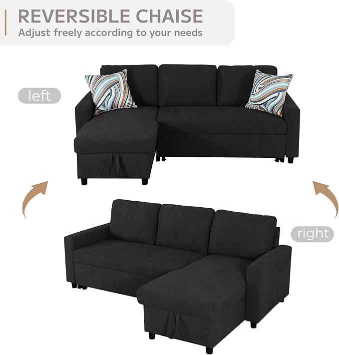 L-Shaped Sleeper Sofa with Chaise Lounge & Storage, Pull-Out Couch Bed with Recliner, Full Size Futon for Living Room, Office, Apartment Black