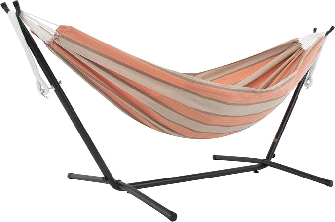 Vivere Double Sunbrella Hammock with Space-Saving Steel Stand, Heavy-Duty Portable Outdoor Hammock Set for Backyard, Patio, or Travel, Cameo by Vivere