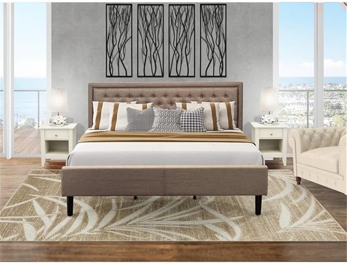 East West Furniture KD16K-2GA0C 3 Piece Wooden Bedroom Set-1 Modern Bed Frame Brown Linen Fabric Padded and Button Tufted Headboard with 2 Wire Brushed Butter Cream Finish Nightstand