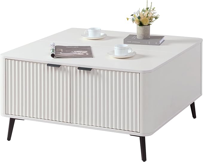 Lift Top Coffee Table with Storage, 35.4" Wide Square White Coffee Table with Large Hidden Compartment, Mid Century Modern Fluted Center Table for Home Living Room