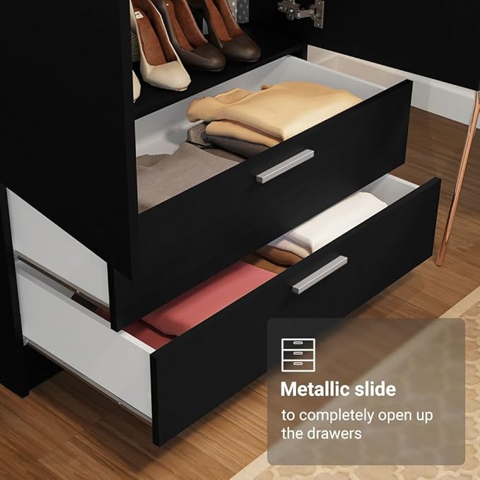 Madesa 2 Door 2 Drawer Storage Cabinet Wardrobe with Shelf and Hanging Space 31" L Wooden Armoire Closet Organization Unit for Bedroom and Office - Black