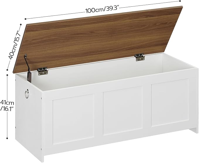 HOOBRO Storage Bench, 39.3" Retro Wooden Storage Chest, Wooden Storage Trunk, Toy Chest with Lift Top, Multifunctional Entryway Organizer, for Entryway, Living Room, White and Walnut WH141CW01 - Image 3