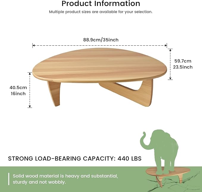 Solid Wooden Modern Triangle Coffee Table: Unique Funky Coffee Tables for Living Room, Oval Mid-Century Irregular Abstract Tea Tables for Patio Office Balcony Bedroom (Natural, 35" L x 24" W x 16" H)