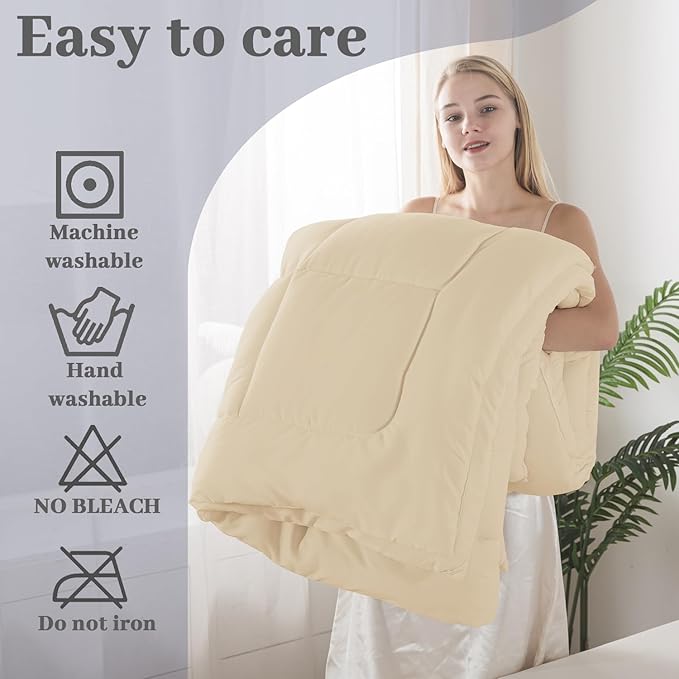 BedTreat Down Alternative Comforter Twin Duvet Insert with Corner Tabs, All Season Quilted Bed Comforter Box-Stitched Twin Comforter Beige，Machine Washable Microfiber Bedding