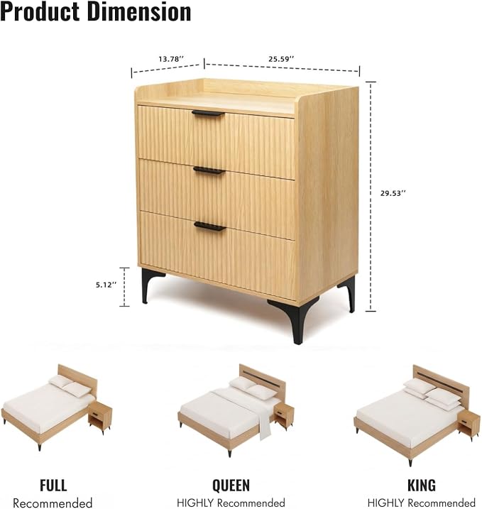 Modern Fluted Wood 3-Drawer Tall Nightstand, 30'' High Bedside Table for King or Queen Beds, Narrow Storage Cabinet for Bedroom or Living Room, Black (Natural) - Image 2