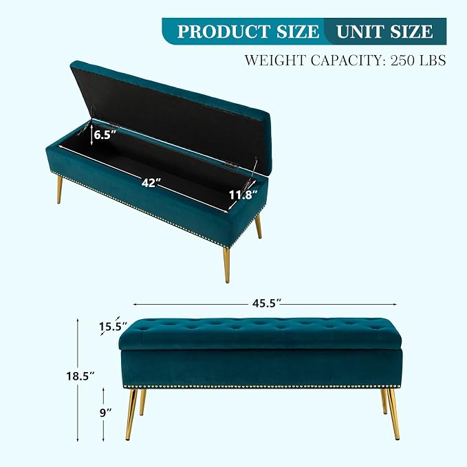 HULALA HOME Modern Velvet Storage Ottoman Bench with Gold Base & Nailhead Trim, Upholstered Bedroom Bench for End of Bed, Button-Tufted Footstool for Entryway Living Room Dining Room, Teal - Image 2