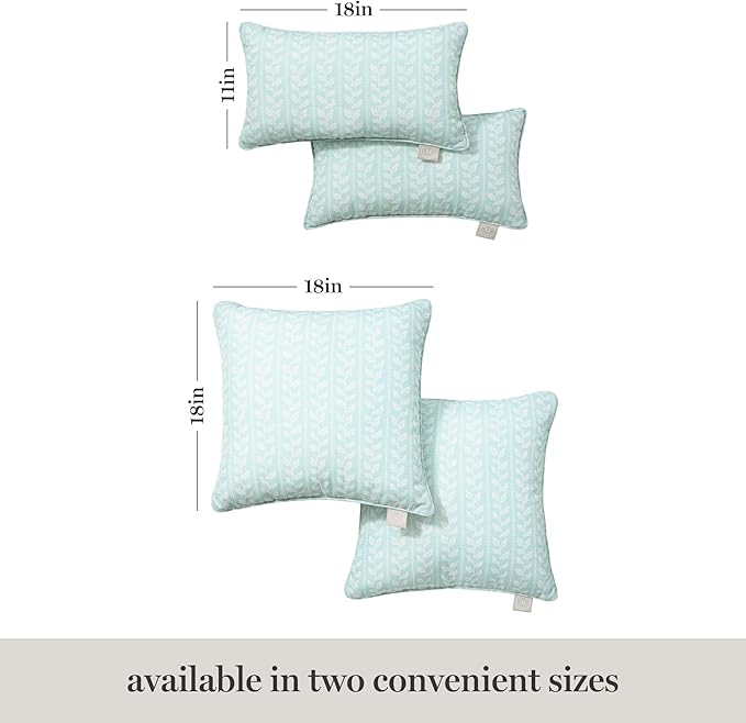 Martha Stewart Vineyard Vines Indoor Outdoor Decorative Pillow 2-Pack Set, UV Fade Resistant, Water Repellent, Printed Garden Design, Aqua Blue, 18"x18"