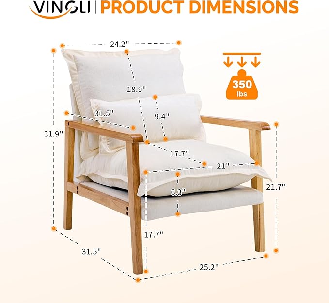 VINGLI Mid-Century Modern Cloud Accent Armchairs Set of 2 with Lumbar Pillow, 6.3'' Thick Seat Cushion Reading Chairs with Wooden Armrests, Boho Lounge Chair for Bedroom, Living Room, Chenille, Beige