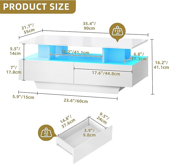 DWVO LED Coffee Table with Storage 4 Drawers, Modern High Glossy Coffee Tables for Living Room, White Rectangle Coffee Table Small Center Table with Open Display Shelf & Sliding Drawers, White