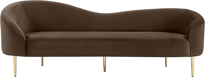 Meridian Furniture 659Brown-S Ritz Collection Modern | Contemporary Upholstered Sofa with Rich Brown Velvet, Gold Metal Legs, Curved Contemporary Design, 85.5" W x 31.75" D x 30.5" H, Brown