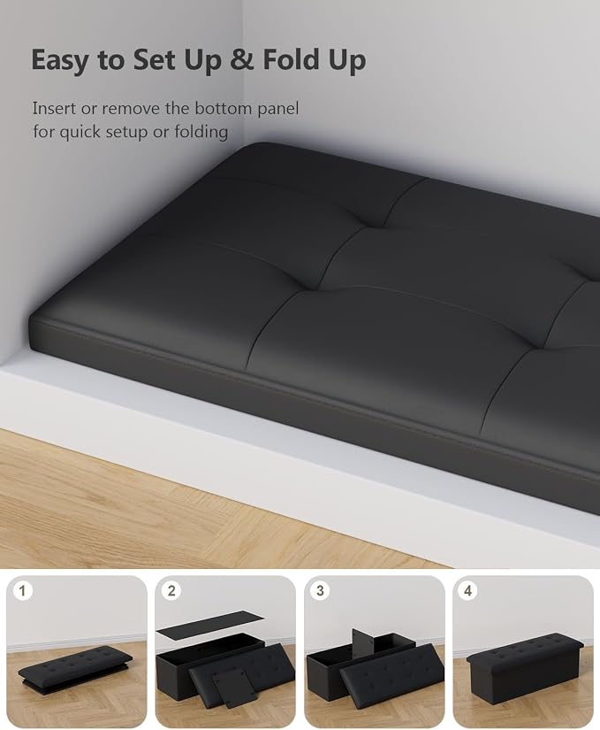 OS MOTOR Folding Storage Ottoman Bench, Multi-Functional Ottoman Foot Rest, End of Bed Bench, Storage Chest for Living Room, Bedroom, Hallway, Entryway, Holds Up to 600 lbs (Black, 43 Inches) - Image 7