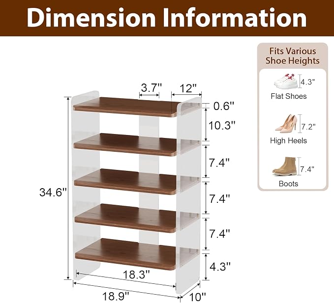 Shoe Rack for Entryway, Solid Wood and Acrylic Structure Shoe Stand, 5-Tier Modern Shoe Shelf, Ideal for Small Spaces, Living Room and Walk-in Closet - Image 2