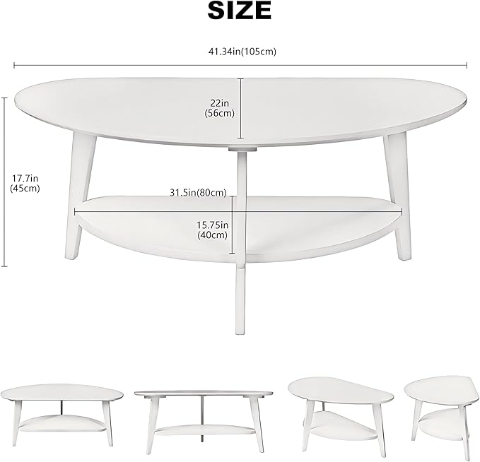 Mid Century Modern Coffee Table, Oval Coffee Tables with Storage for Living Room, 2 Tier Solid Wood Center Table, White Coffe Tables, Easy Assembly, 40.2" D x 22" W x 17.7" H