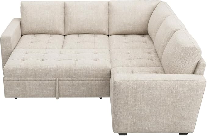 HONBAY Modular Sectional Sleeper Sofa with Pull Out Bed L Shaped Couch with Storage Seat Sectional Couches for Living Room,Beige