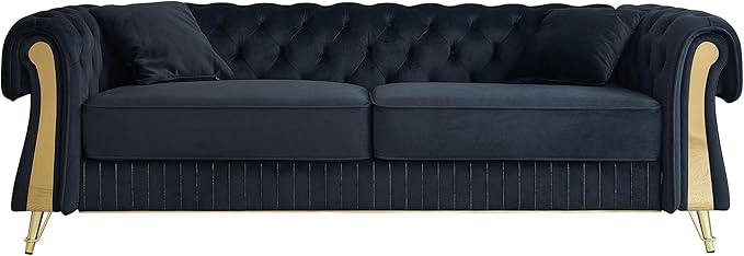 KEIKI 89" Chesterfield Velvet Button Tufted Sofa with High Density Foam Cushions and 2 Toss Pillows, Modern Style 3-Seater Couch with 4 Gold Metal Leg, Easy Assembly, for Living Room, Apartment, Black