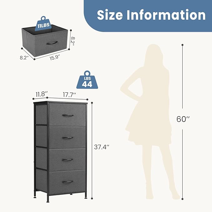Simple Deluxe 4 Drawer Dresser, Fabric Storage Tower Organizer with Sturdy Steel Frame and Wood Top, Easy Pull Handles, for Bedroom, Entryway, Hallway, Grey