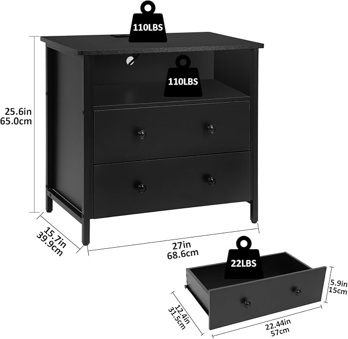 27 Inch Wide Night Stand, Large Wood Night Stand with 2 Drawer, LED Nightstand with Charging Station and Adjustable Drawer, Bedside Table for Living Room/Bedroom/Study/Office, Black. - Image 2