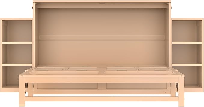 Bellemave Queen Size Murphy Bed, Cabinet Bed with 2 Shelves and Storage Drawers, Farmhouse Murphy Cabinet, Noisy Free, for Guest Bedroom, Living Room, Office, Golden